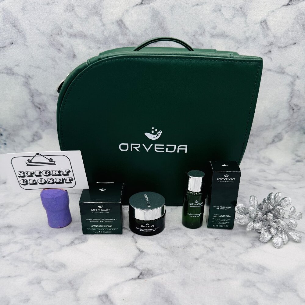 ORVEDA Skincare Set-Green Pouch,Vital Essence &Overnight Mask 15ml-3pc-BOXED-NEW